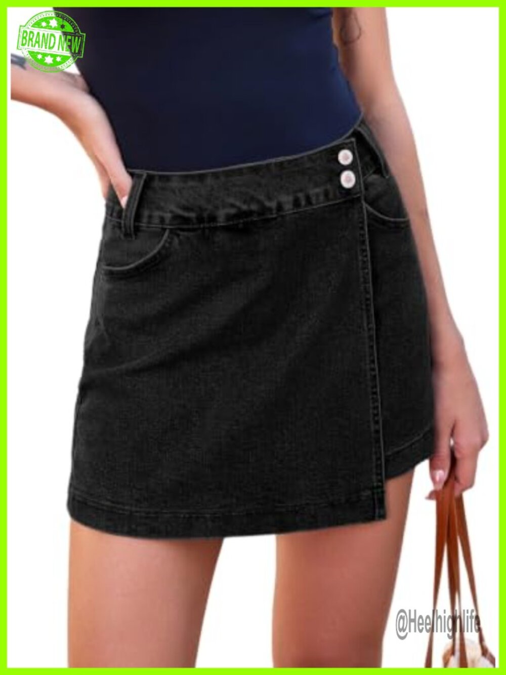 High Waisted Stretchy Denim Skort Asymmetrical Mini Skirt with Pockets